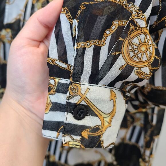 Forever 21 Nautical Black White Gold Sheer Long Sleeve Button Blouse Womens S - Picture 9 of 12